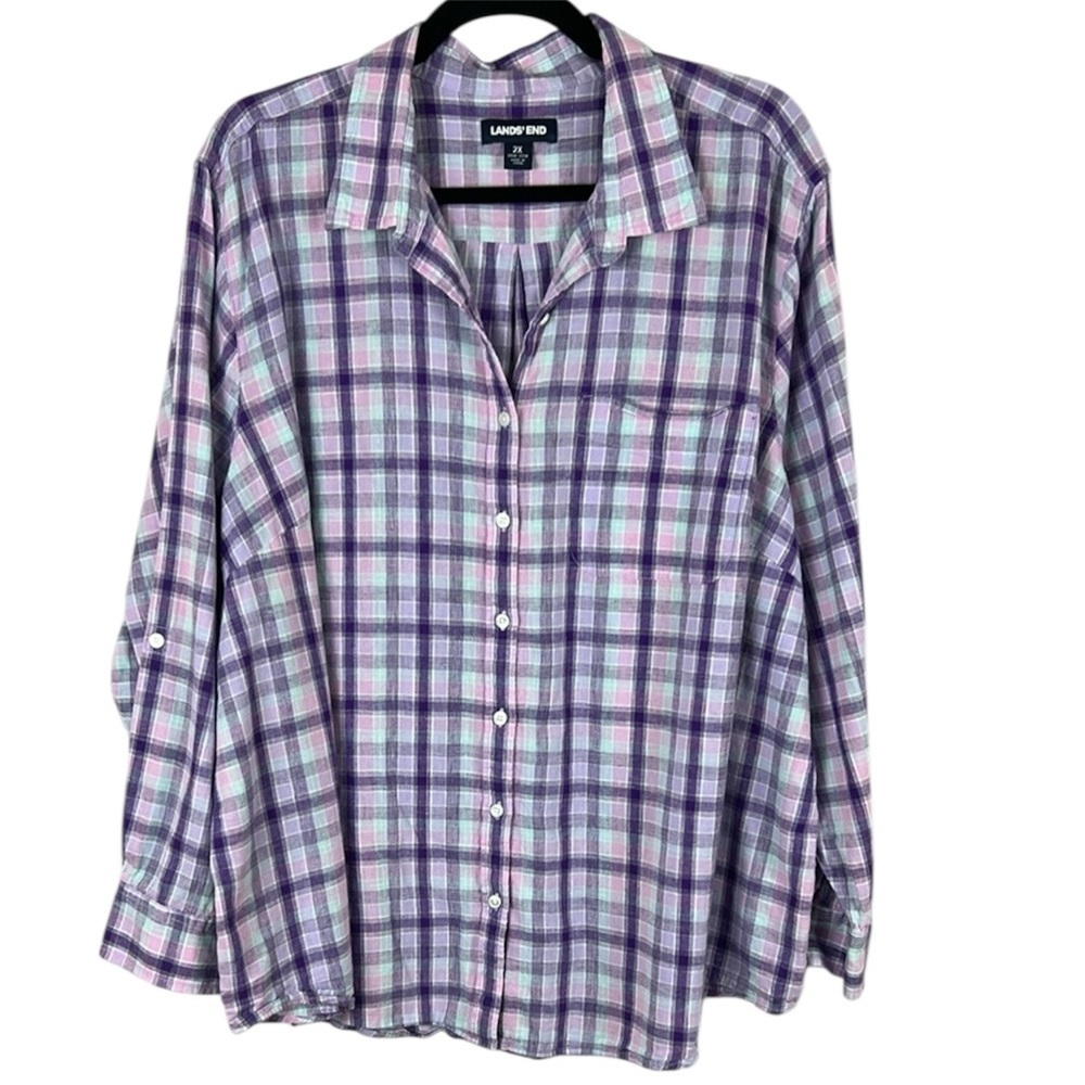 Lands' End Multicolor Linen Blend Plaid Shirt Size 2X